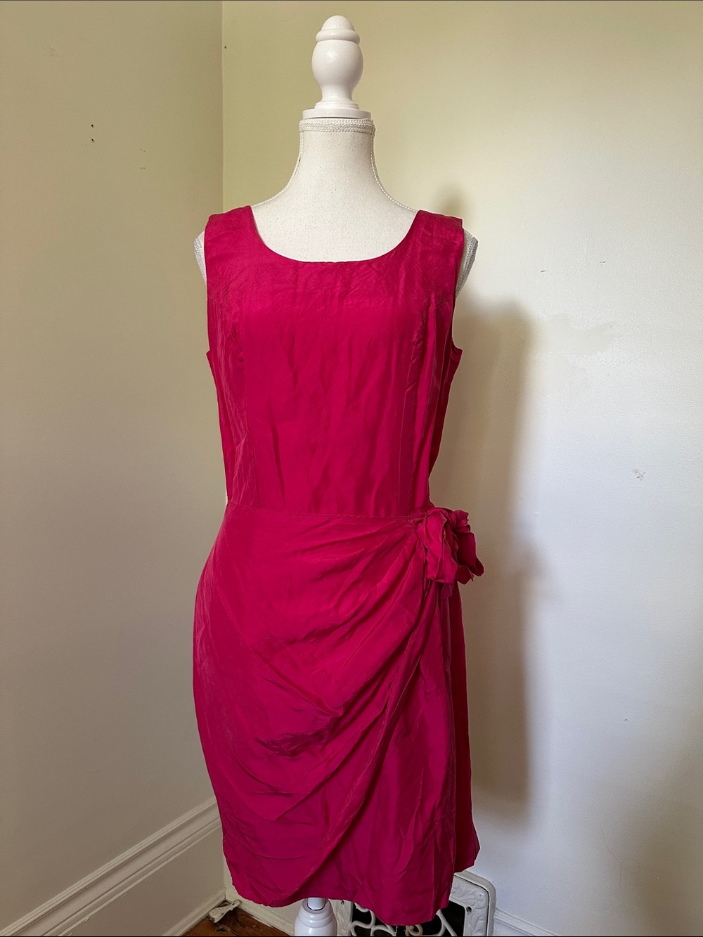 CAROLINE WELLS Vintage 100% Silk Fuschia Faux Wrap Tropical Vacation Dress Sz 12